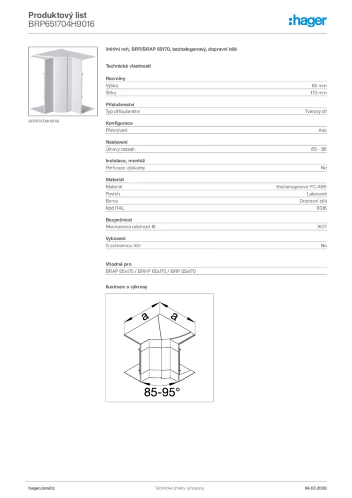 Obrázek Hager Product data sheet BRP651704H9016 | Hager