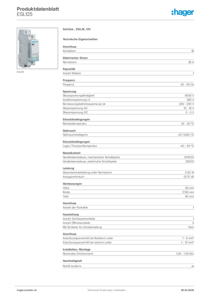 Bild Hager Produktdatenblatt ESL125 | Hager Schweiz