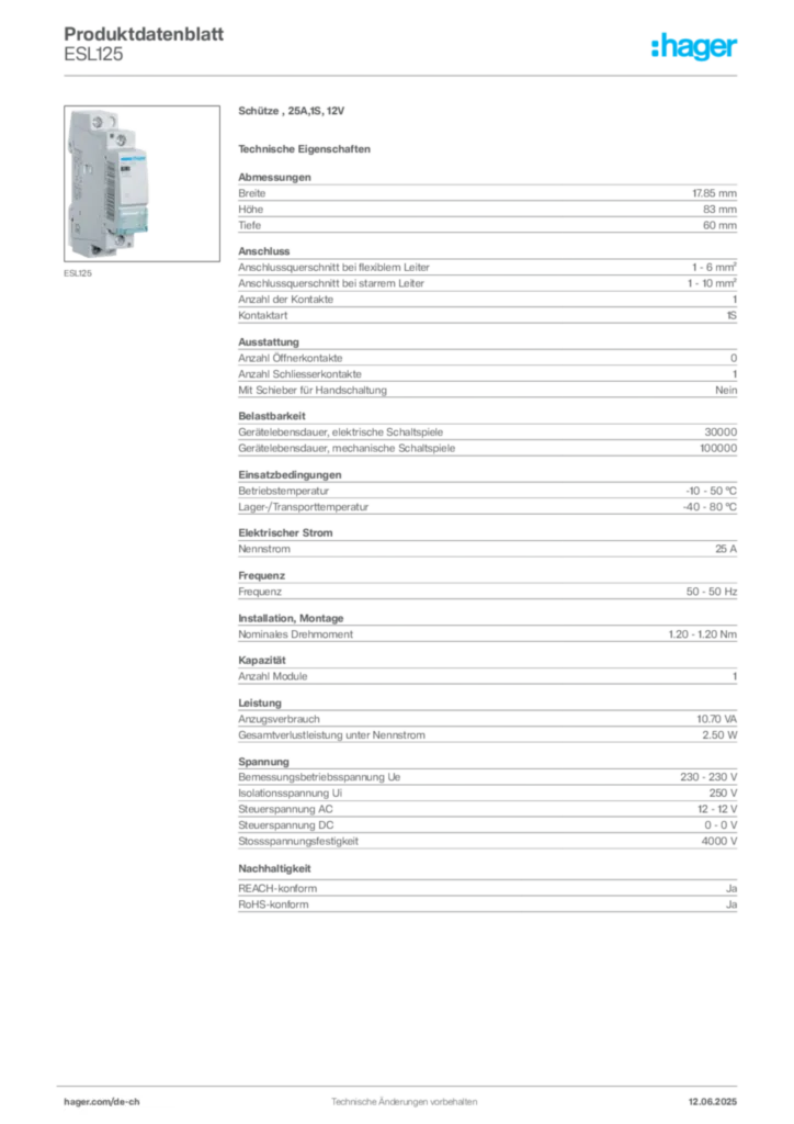 Bild Hager Produktdatenblatt ESL125 | Hager Schweiz