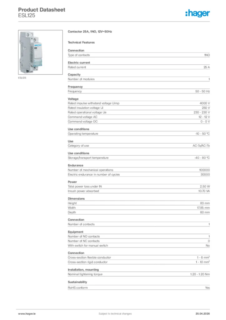 Image Hager Product data sheet ESL125  | Hager