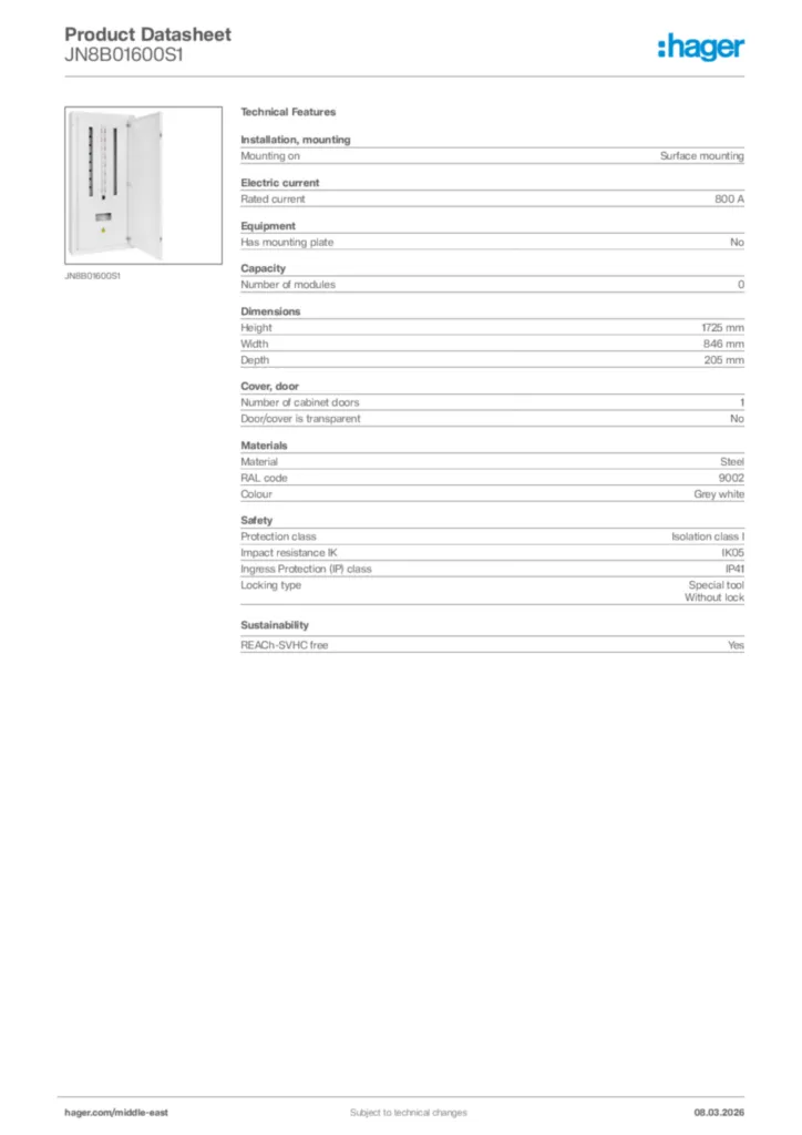 Image Hager Product data sheet JN8B01600S1  | Hager