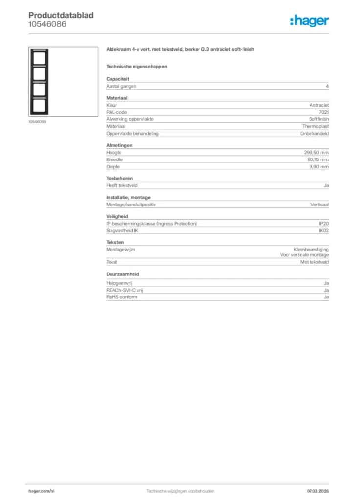 Afbeelding Hager Productdatablad 10546086 | Hager Nederland
