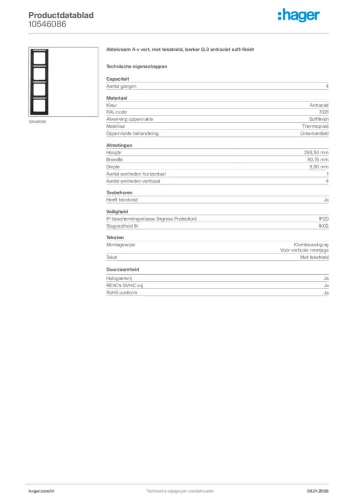 Afbeelding Hager Productdatablad 10546086 | Hager Nederland