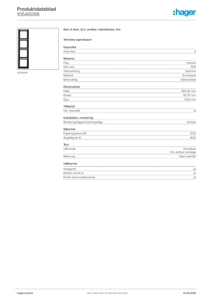 Bild Hager Produktdatablad 10546086 | Hager Sverige