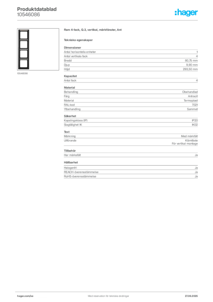 Bild Hager Produktdatablad 10546086 | Hager Sverige