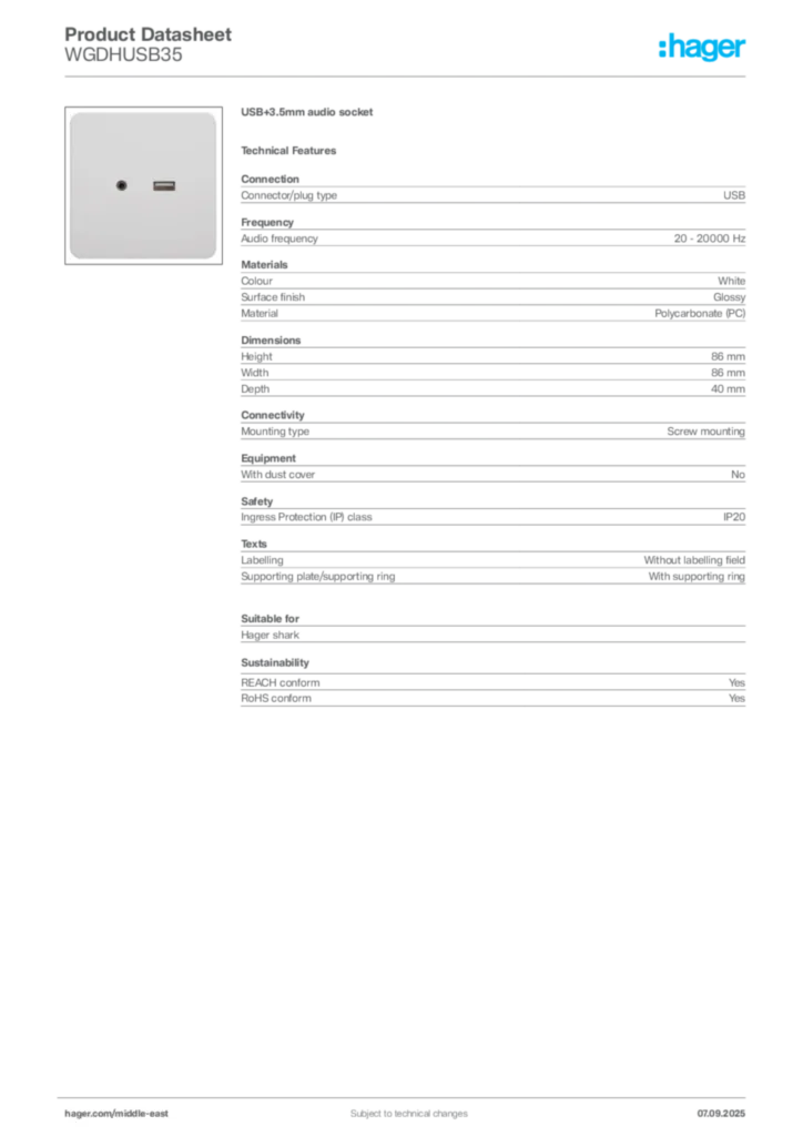 Image Hager Product data sheet WGDHUSB35  | Hager