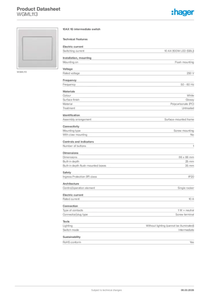 Image Hager Product data sheet WGML113  | Hager Africa