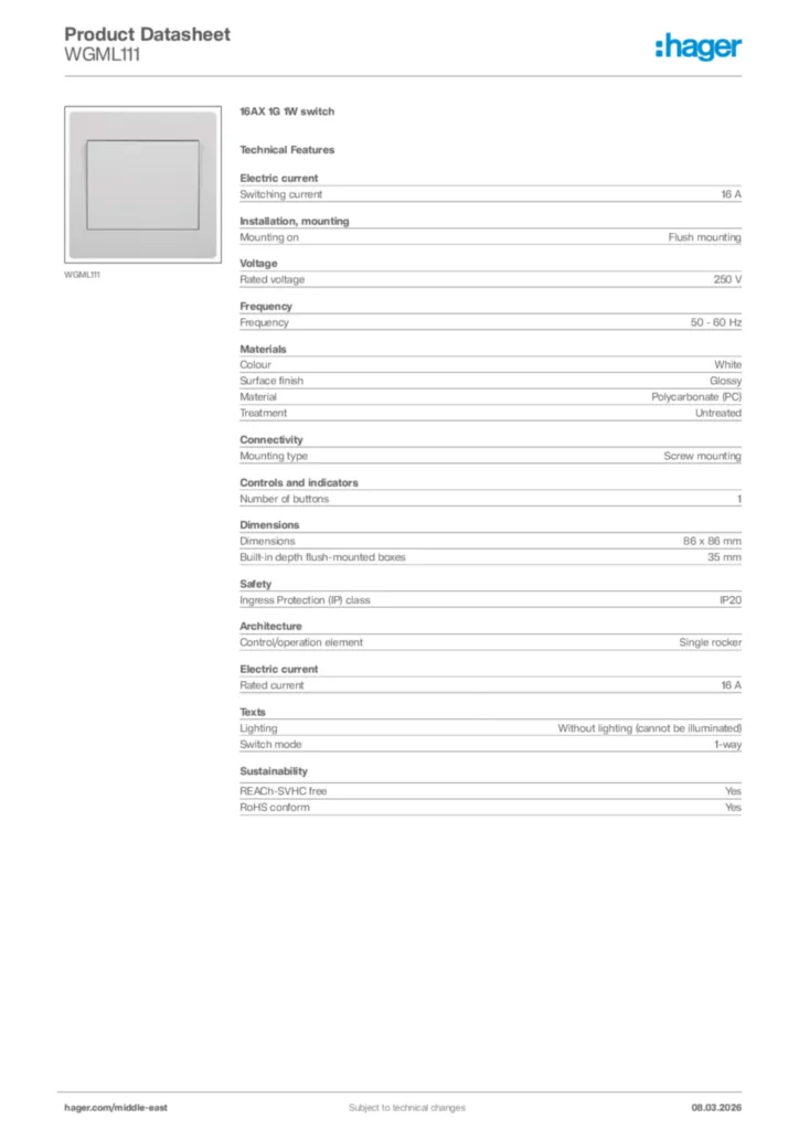 Image Hager Product data sheet WGML111  | Hager