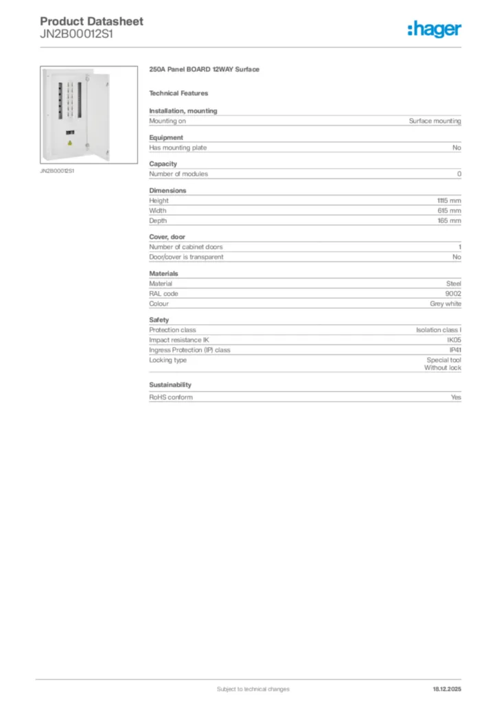 Image Hager Product data sheet JN2B00012S1  | Hager Africa