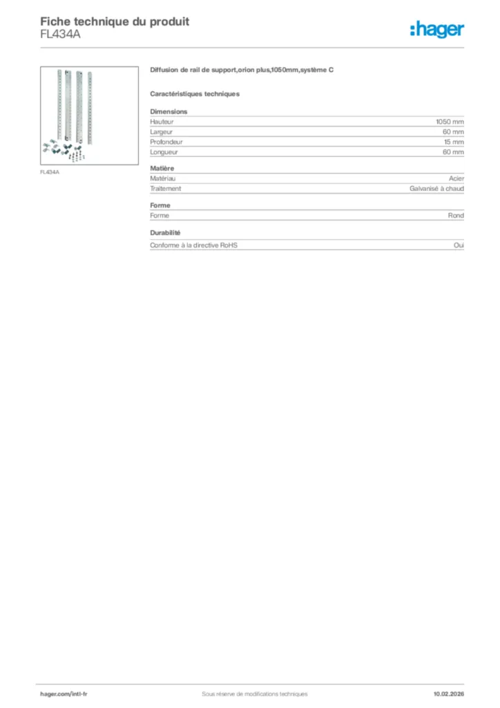 Image Hager Fiche technique du produit FL434A | Hager Afrique