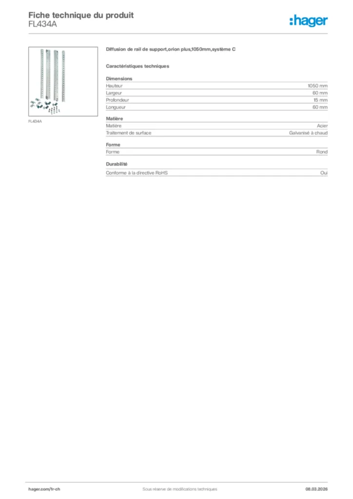 Image Hager Fiche technique du produit FL434A | Hager Suisse