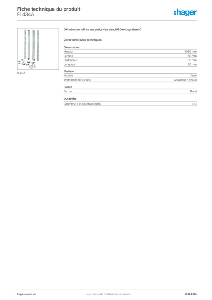 Image Hager Fiche technique du produit FL434A | Hager Suisse