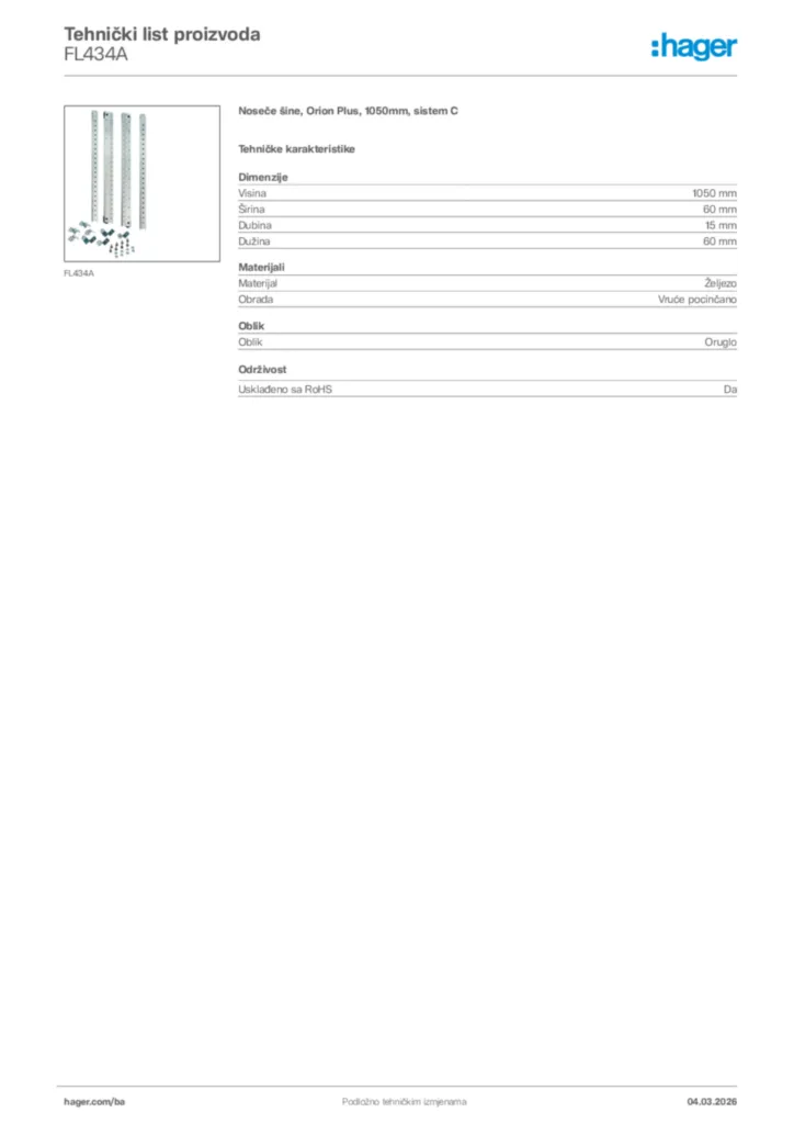 Slika Hager Tehnički list proizvoda FL434A  | Hager