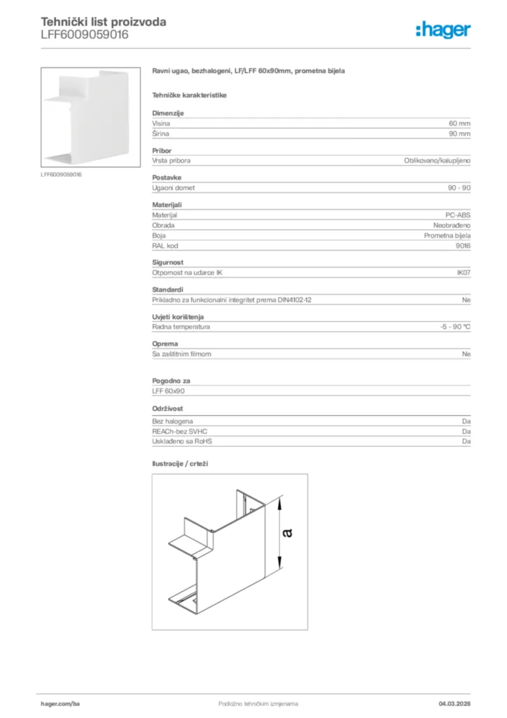Slika Hager Tehnički list proizvoda LFF6009059016  | Hager