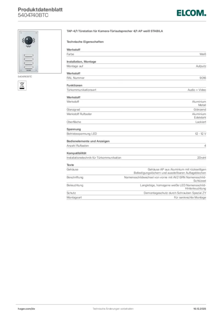 Bild Elcom Produktdatenblatt 5404740BTC | Hager Deutschland