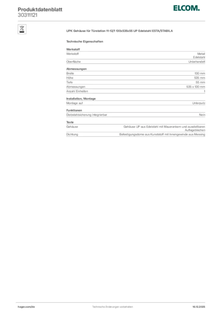 Bild Elcom Produktdatenblatt 30311121 | Hager Deutschland