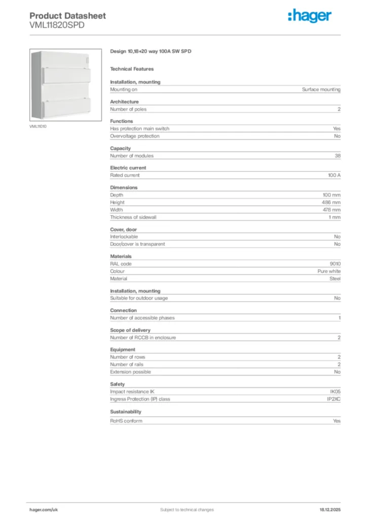 Image Hager Product data sheet VML11820SPD  | Hager