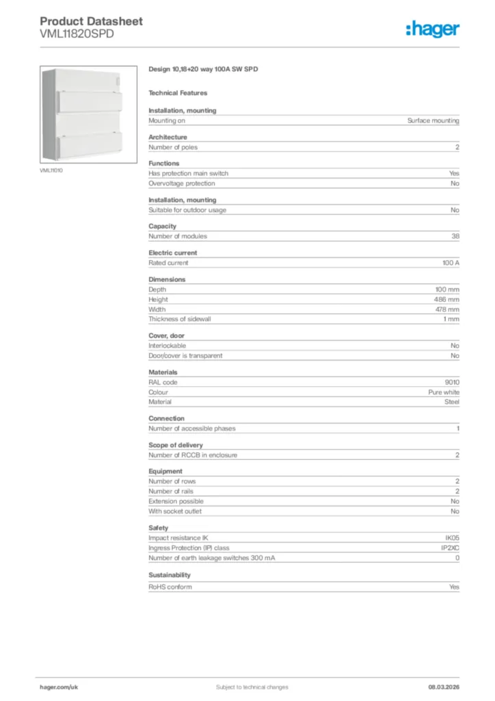 Image Hager Product data sheet VML11820SPD  | Hager