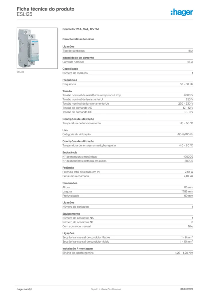 Imagem Hager Ficha técnica do produto ESL125 | Hager Portugal