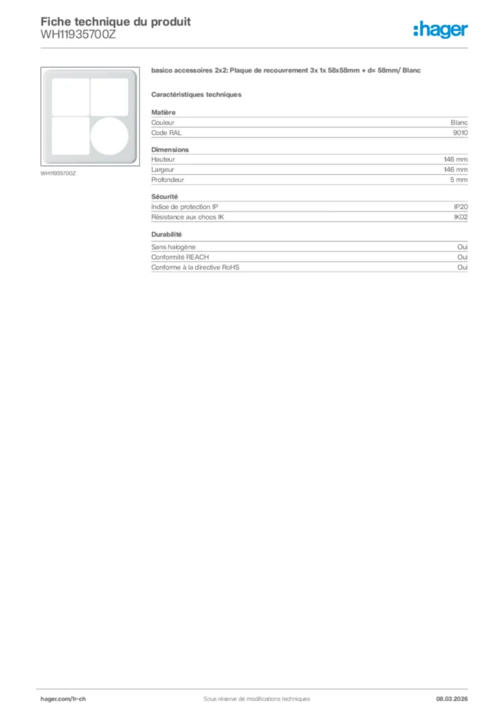 Image Hager Fiche technique du produit WH11935700Z | Hager Suisse