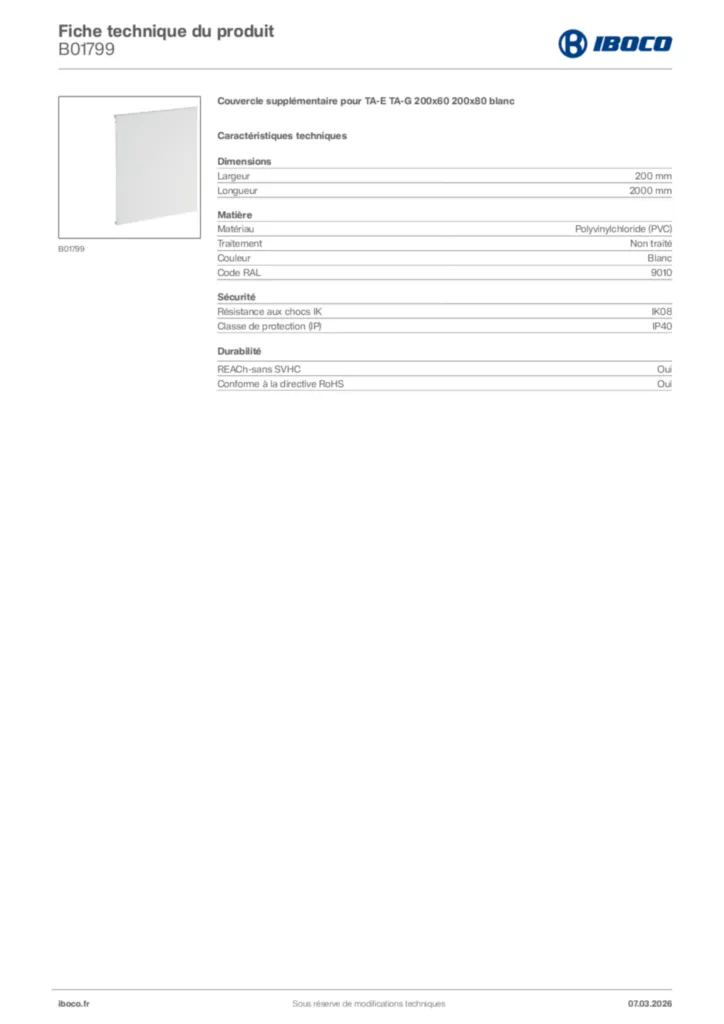 Image Iboco Fiche technique du produit B01799 | Hager France