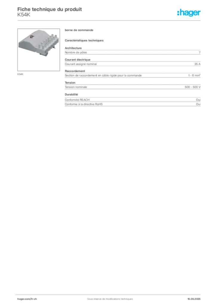Image Hager Fiche technique du produit K54K | Hager Suisse