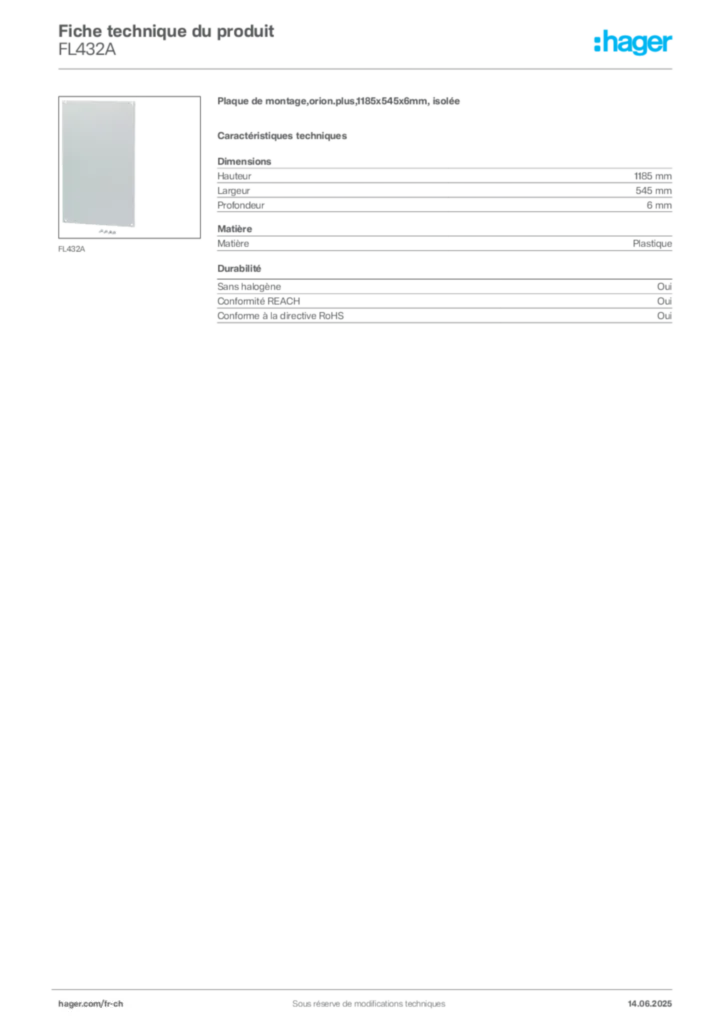 Image Hager Fiche technique du produit FL432A | Hager Suisse