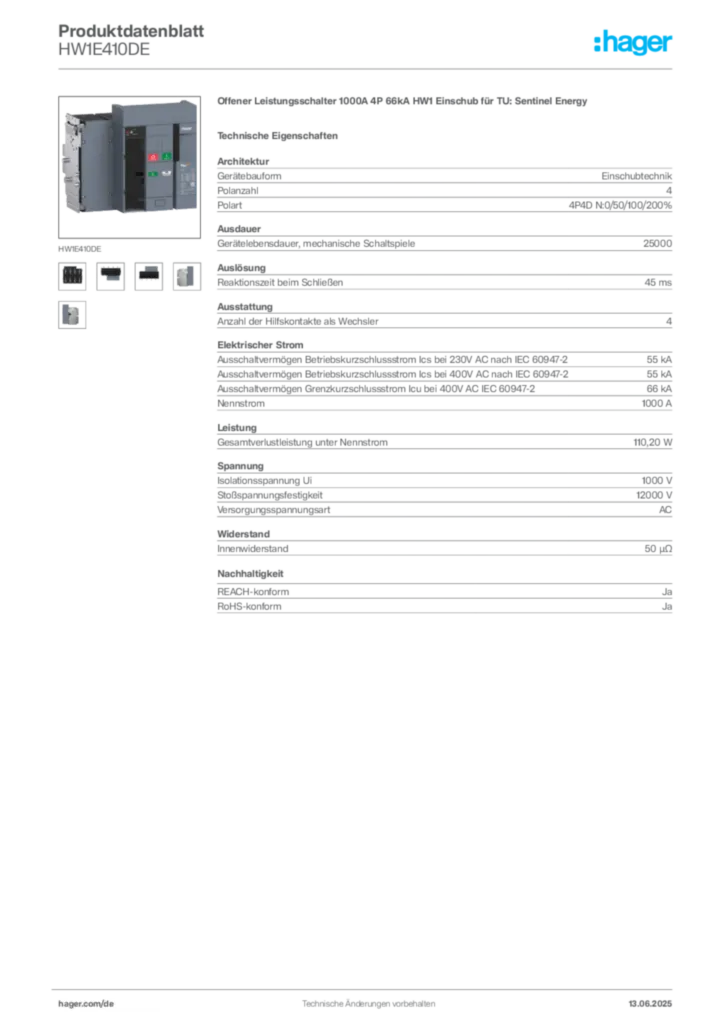 Bild Hager Produktdatenblatt HW1E410DE | Hager Deutschland