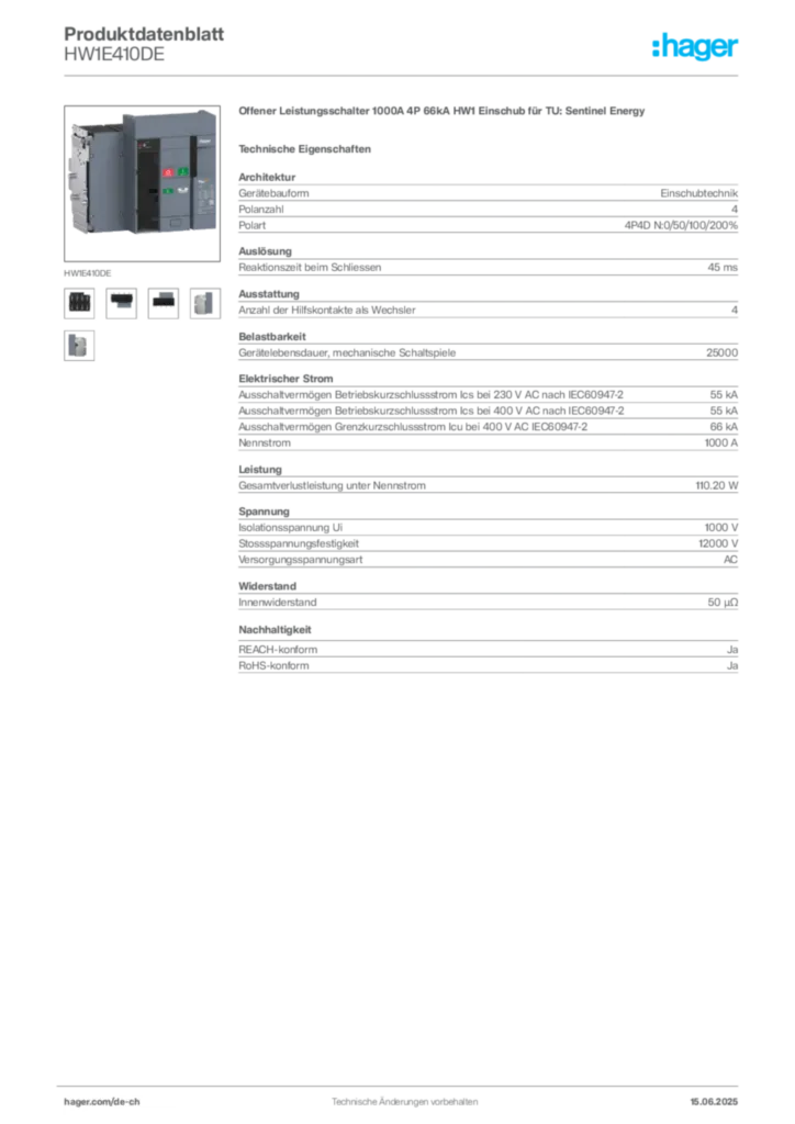 Bild Hager Produktdatenblatt HW1E410DE | Hager Schweiz