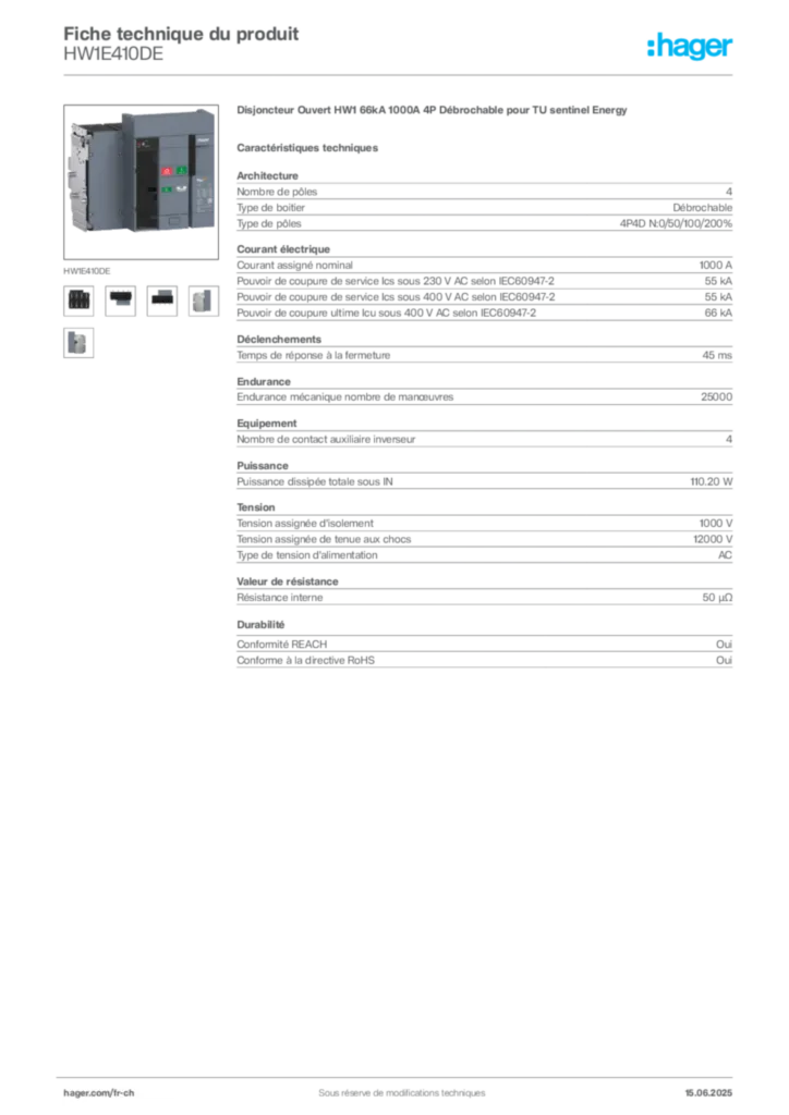 Image Hager Fiche technique du produit HW1E410DE | Hager Suisse