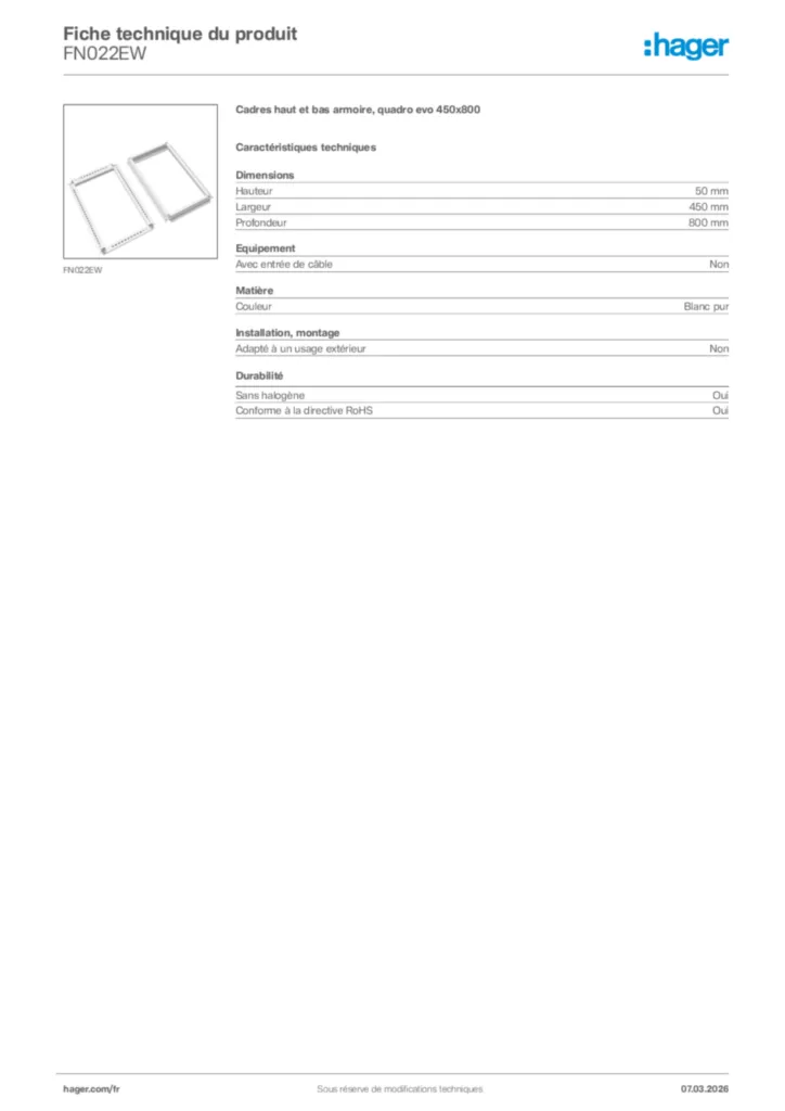 Image Hager Fiche technique du produit FN022EW | Hager France