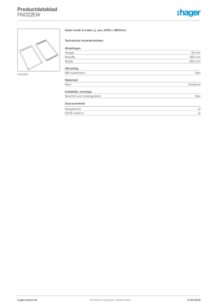 Afbeelding Hager Productdatablad FN022EW | Hager Belgium