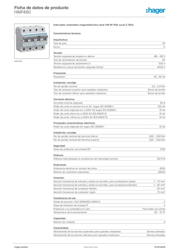 Imagen Hager Ficha de datos de producto HMF480 | Hager España