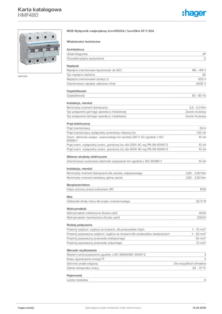 Zdjęcie Hager Karta katalogowa HMF480 | Hager Polska
