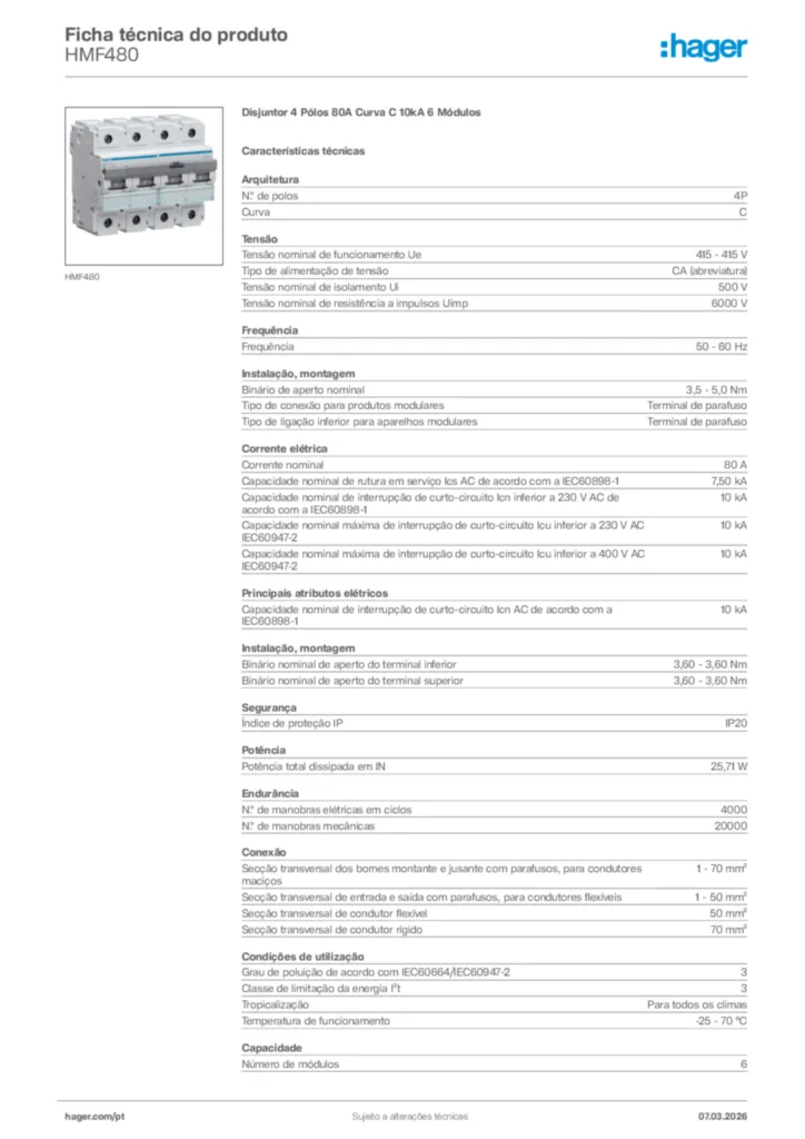 Imagem Hager Ficha técnica do produto HMF480 | Hager Portugal