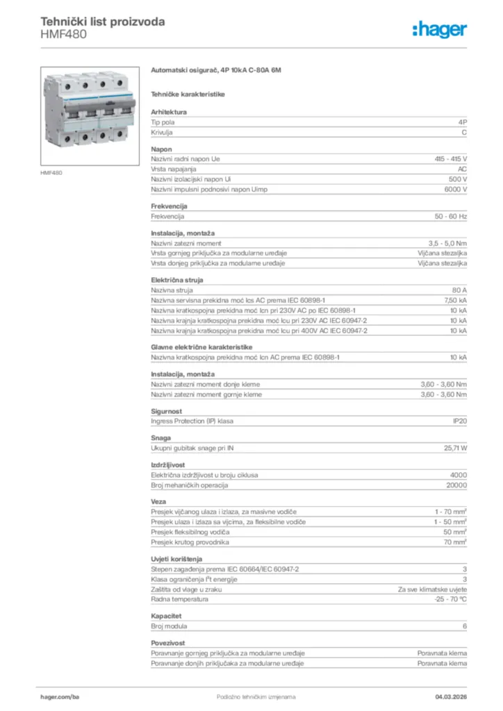 Slika Hager Tehnički list proizvoda HMF480  | Hager