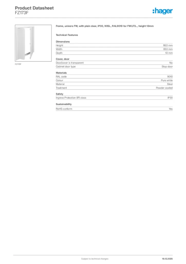 Image Hager Product data sheet FZ173F  | Hager Africa