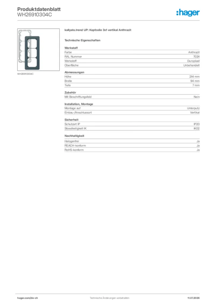 Bild Hager Produktdatenblatt WH26910304C | Hager Schweiz