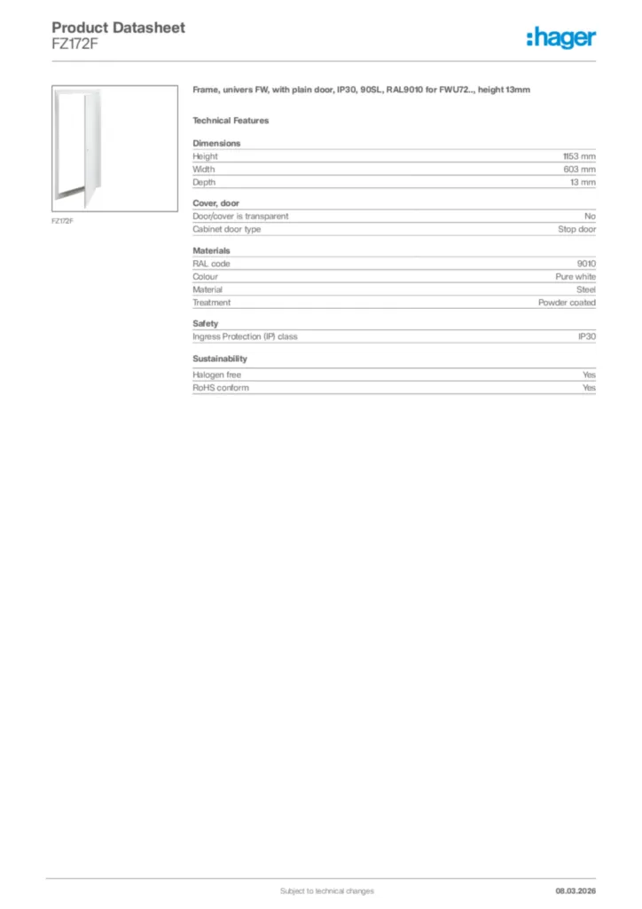 Image Hager Product data sheet FZ172F  | Hager Africa