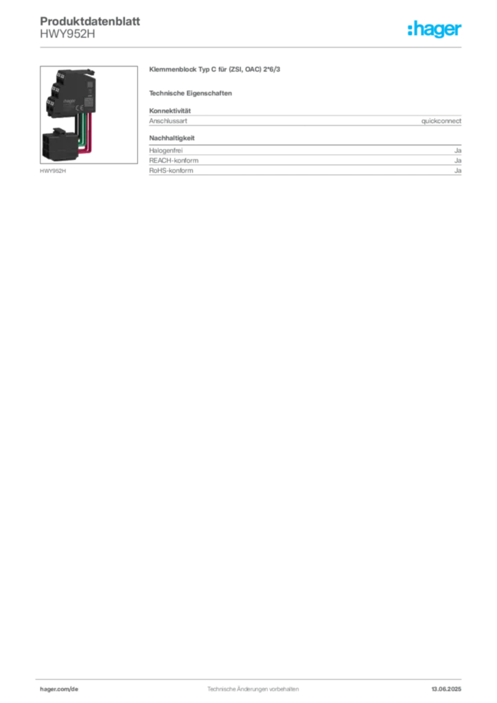 Hager Produktdatenblatt HWY952H