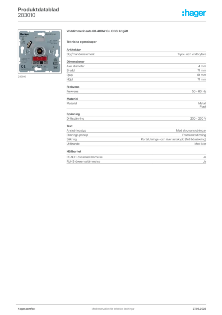 Bild Hager Produktdatablad 283010 | Hager Sverige