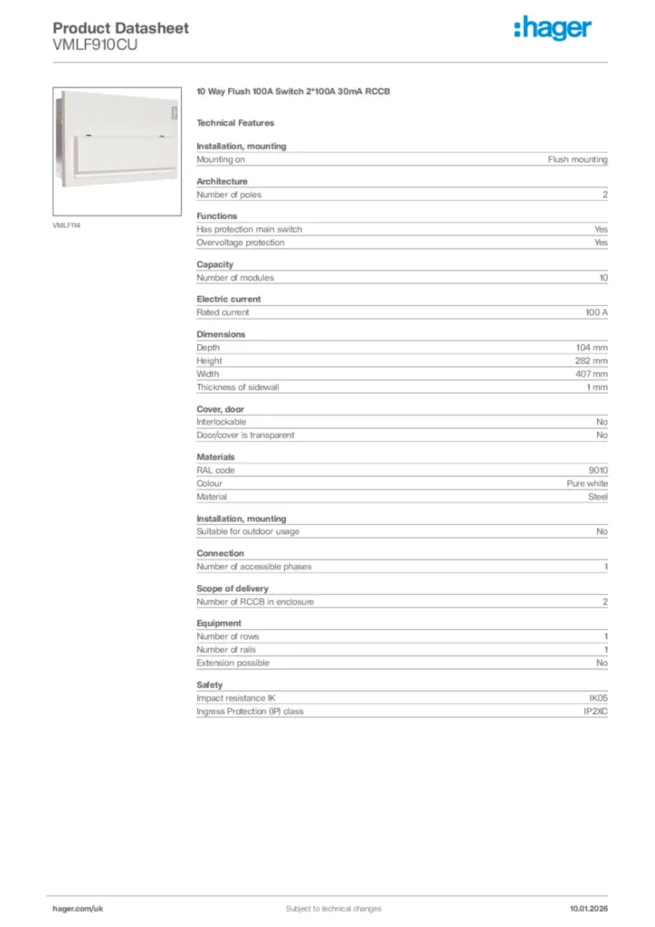Image Hager Product data sheet VMLF910CU  | Hager