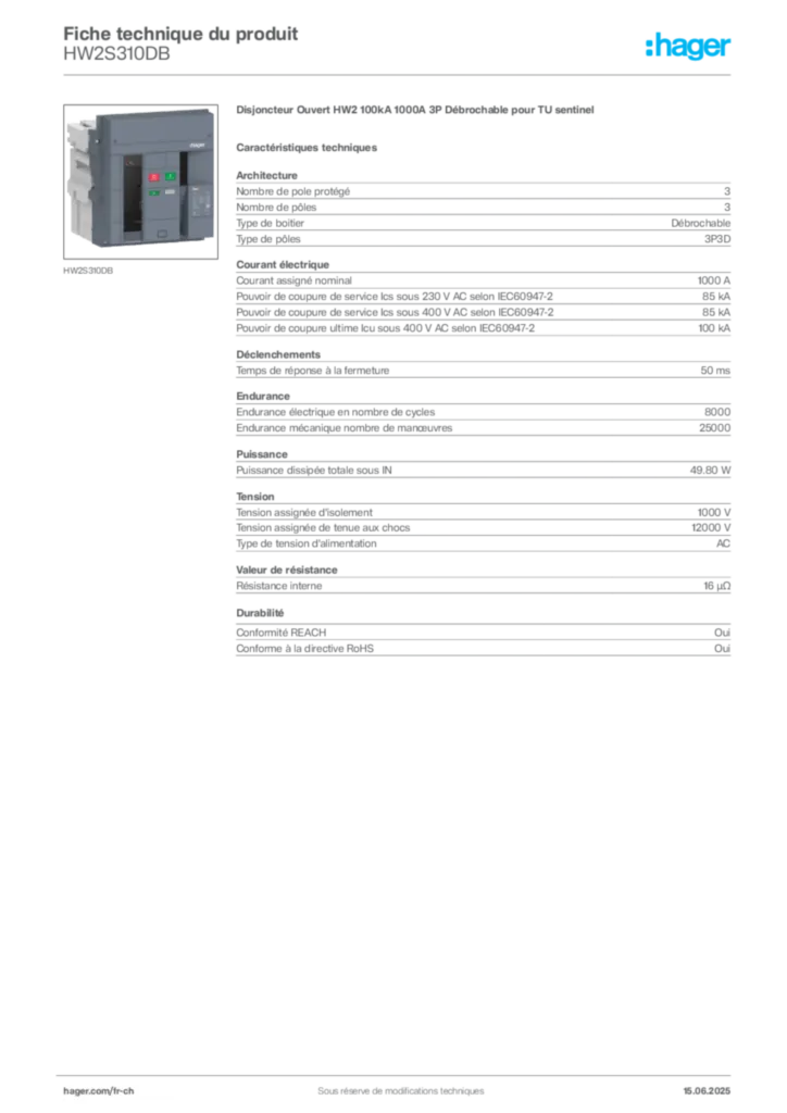Image Hager Fiche technique du produit HW2S310DB | Hager Suisse