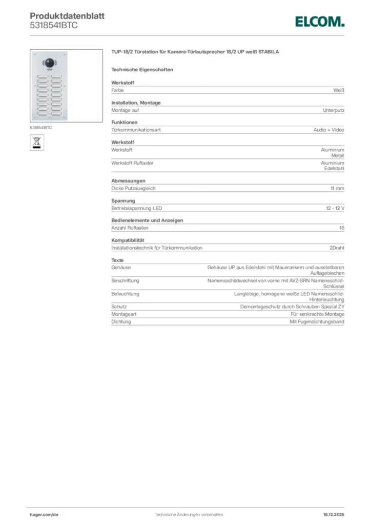 Bild Elcom Produktdatenblatt 5318541BTC | Hager Deutschland
