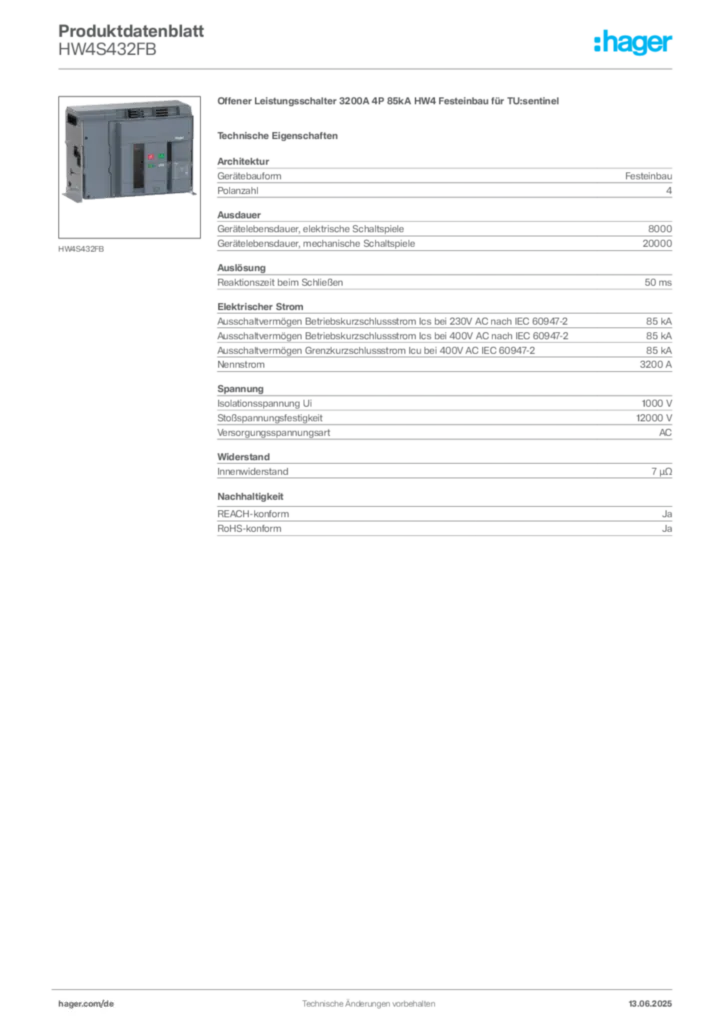 Bild Hager Produktdatenblatt HW4S432FB | Hager Deutschland