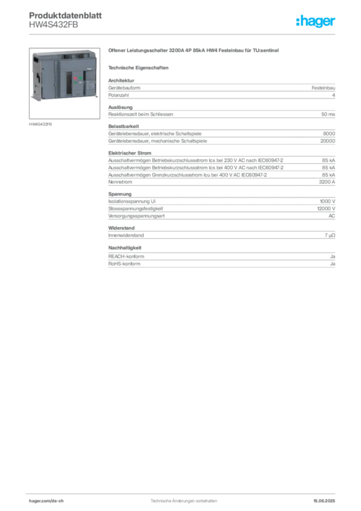 Bild Hager Produktdatenblatt HW4S432FB | Hager Schweiz