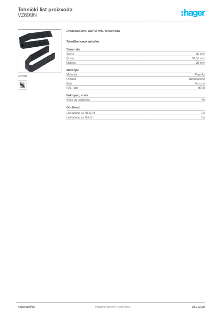 Slika Hager Product data sheet VZ699N  | Hager