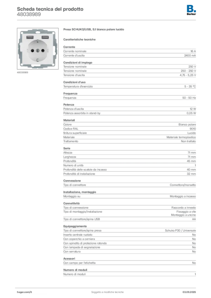 Immagine Berker Scheda tecnica del prodotto 48038989 | Hager Italia
