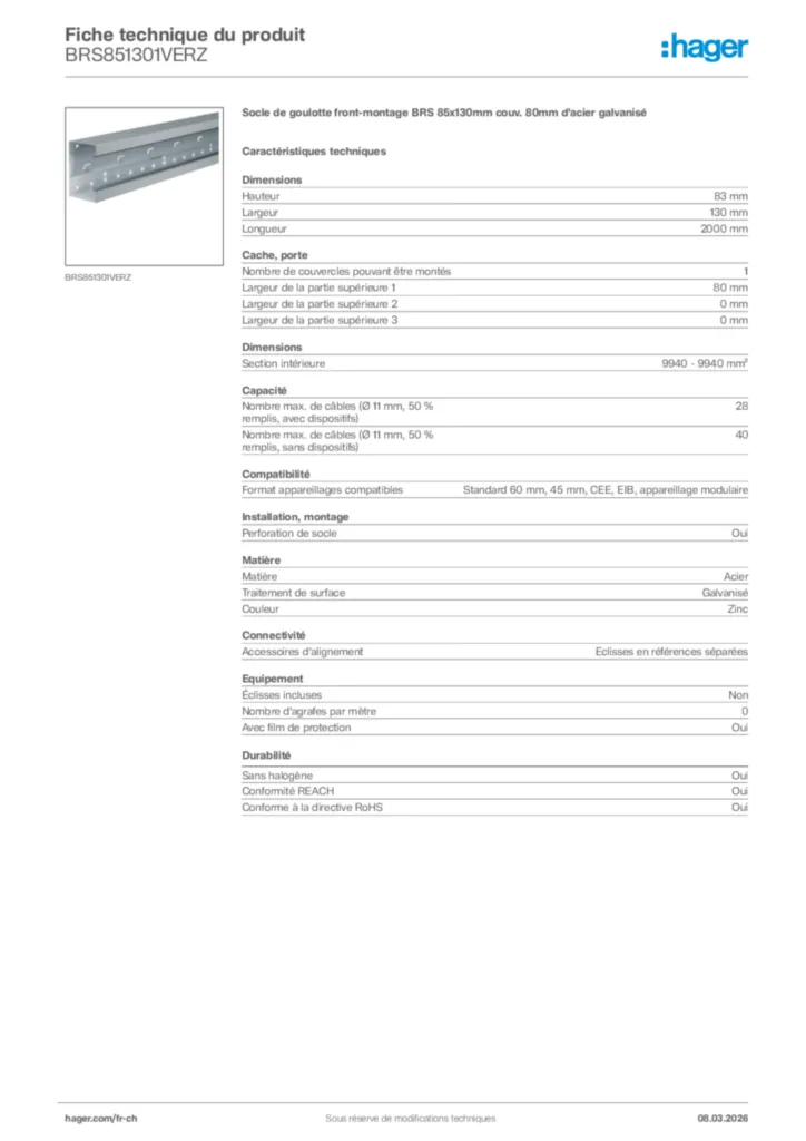 Image Hager Fiche technique du produit BRS851301VERZ | Hager Suisse