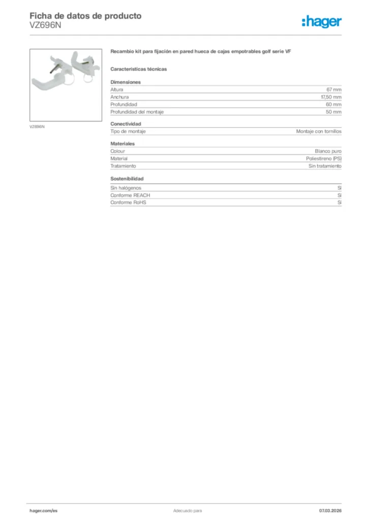 Imagen Hager Ficha de datos de producto VZ696N | Hager España